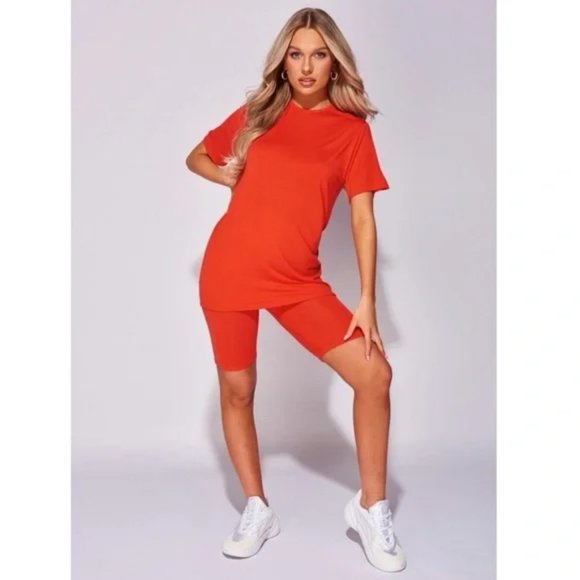Orange Short Sleeve Top T-Shirt and Biker Shorts Two Piece Set - Picture 9 of 10